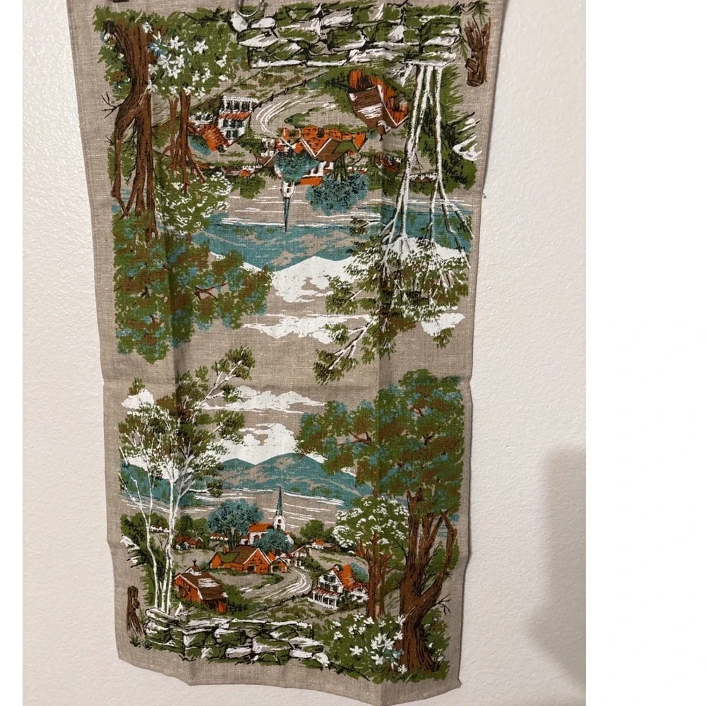 Vintage Linen Tea Towel Scenic Village Mountain Landscape Print Kitchen Decor